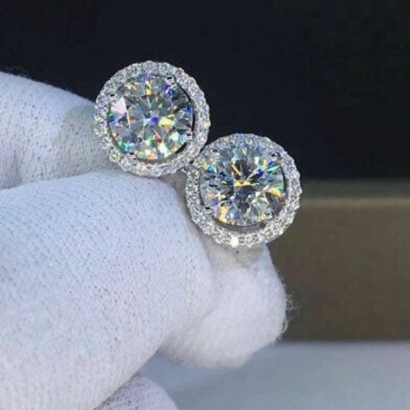 NEW Brilliant Cut 18K Diamond Halo Stud Earrings - Picture 1 of 11